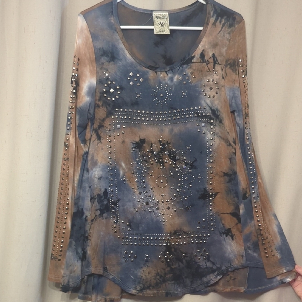 Vocal Blue and Brown Tie-Dye Studded Long Sleeve Top - Picture 4 of 5
